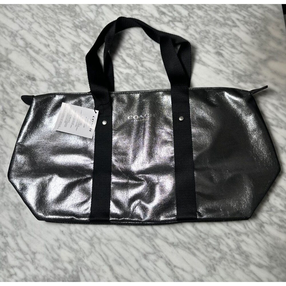 Coach Fragance Tote bag silver gray shinny Zippered PROMO 12x19" NEW